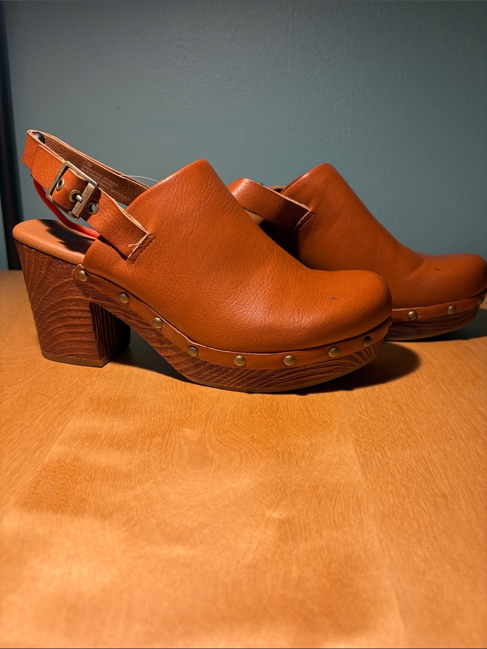 Kork-Ease Cognac Leather Studded Slingback Clogs